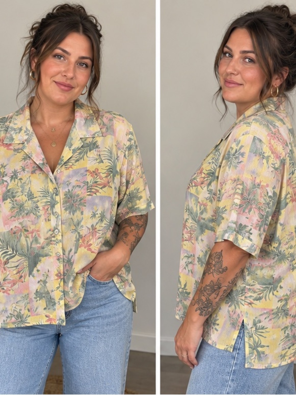 Alia Pastel Tropical Button-Down Shirt - Pink, Yellow, Green